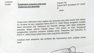 foto-surat Layanan Thalasemia dan Hemofilia di RSUD HAM Dihentikan