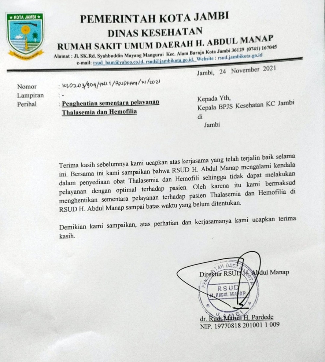 foto-surat Layanan Thalasemia dan Hemofilia di RSUD HAM Dihentikan