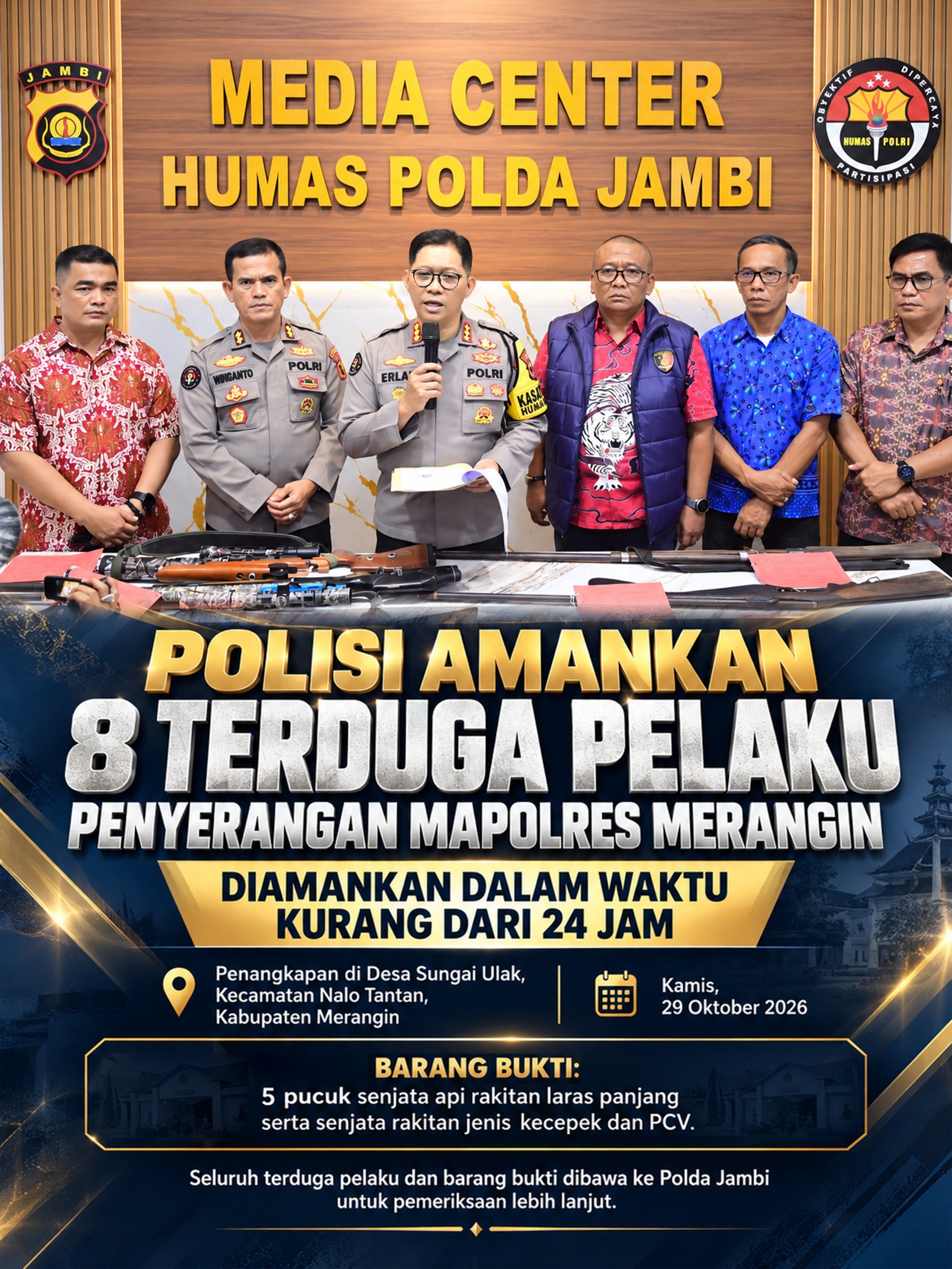 Gerak Cepat Polda Jambi, 8 Terduga Pelaku Penyerangan dan Penembakan Mako Polres Merangin Diamankan